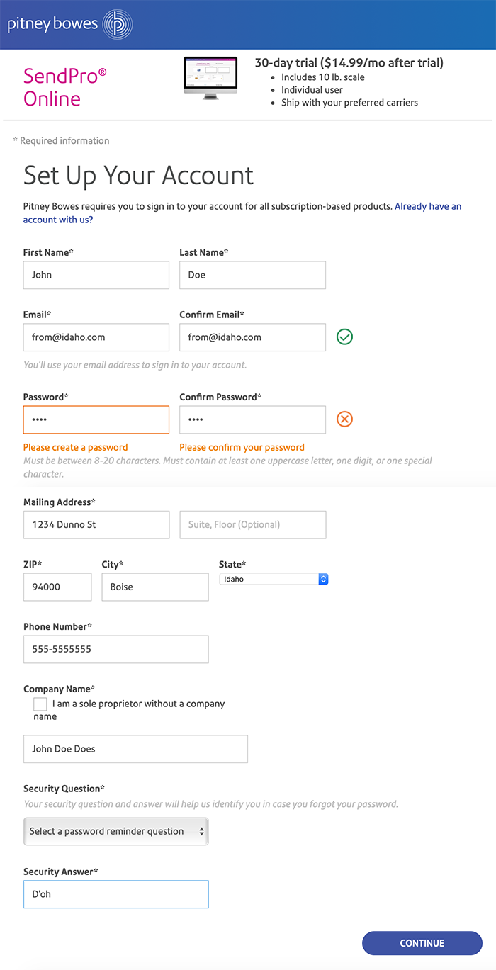 the Pitney Bowes signup flow for SendPro Online